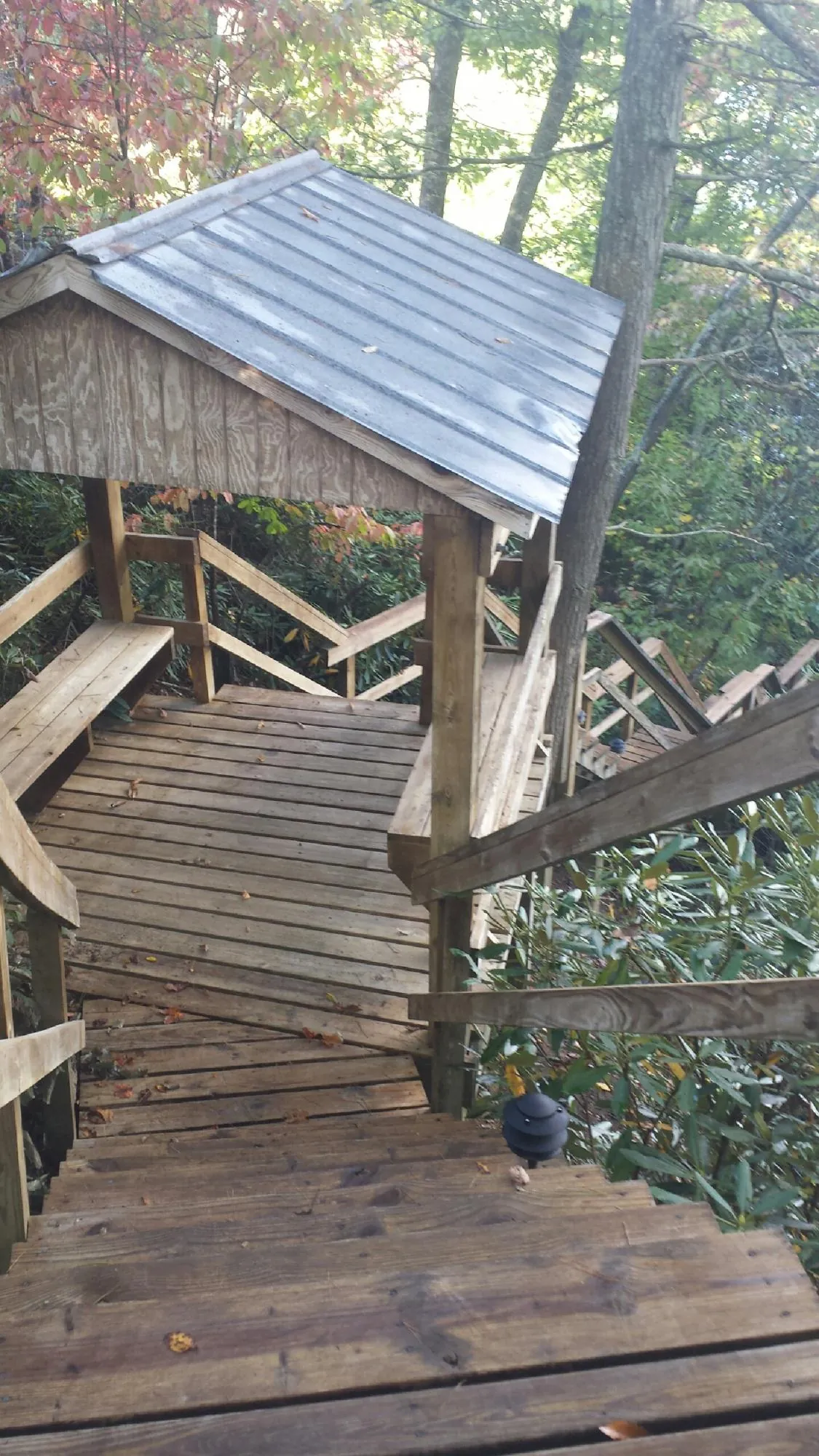 Metal roofed shelter over wooden steps on a wooded walkway — Skylight Repair & Installation work by our crew in Beatrice